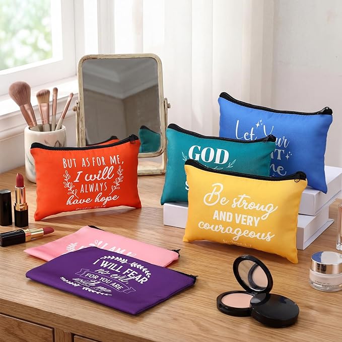 Pinkunn 16 Pcs Valentines Canvas Makeup Bags Bulk Inspirational Christian Women Religious Galentine Gifts Inspirational Bible Verse Pencil Pouch Makeup Bags with Zipper for Travel(Bible Solid Color)