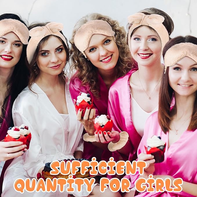 Mimorou 48 Pieces Galentine Spa Party Supplies 12 Spa Headband 12 Plush Sleep Eye Mask 12 Velvet Scrunchies 12 Organza Bags for Sleepover Slumber Party Favors Valentine Gift(Beige)