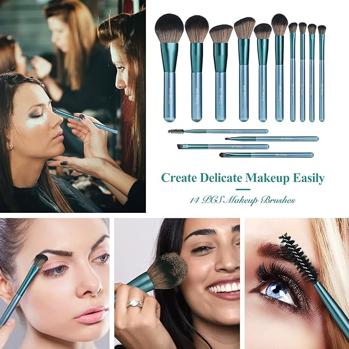 BS-MALL 14 Pcs Makeup Brushes Set with 1 Pcs Makeup Sponge – Essential Foundation Powder Concealers, Eye Shadows, Blush Makeup Brushes with Travel Makeup Case (Z-Blue)
