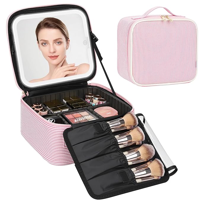 Relavel Travel Makeup Bag With LED Mirror, Portable Cosmetic Bag Organizer with Adjustable Brightness in 3 Color Scenarios, Small Cute Train Case with Detachable Dividers for Trip- Pink Strip