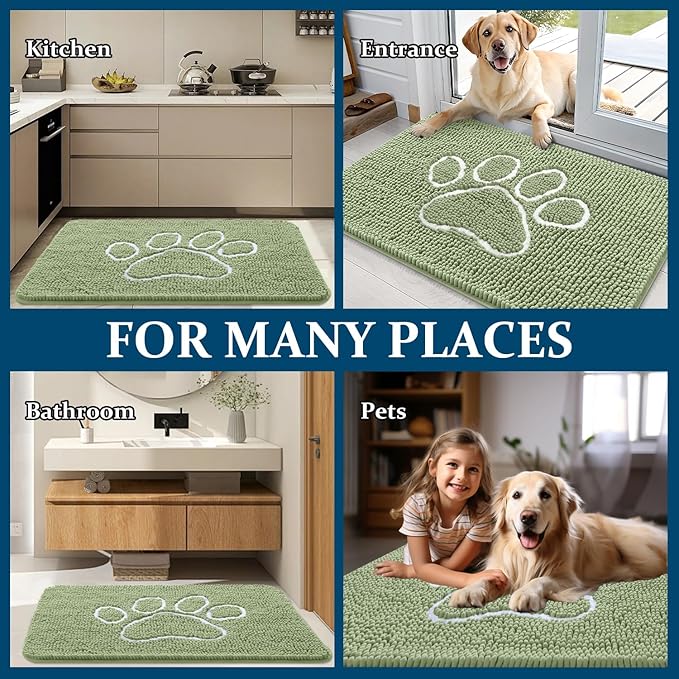 OLANLY Dog Door Mat for Muddy Paws 59x24, Paw Print Design, Absorbs Moisture and Dirt, Non-Slip Washable Doormat, Quick Dry Chenille Mud Mat for Dogs, Entry Indoor Entryway Carpet, Sage Green