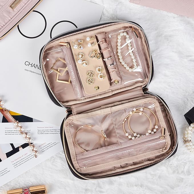 NISHEL Travel Jewelry Case, Holiday Organizer for Necklaces, Earrings, Rings, Bracelets, Watch, Black