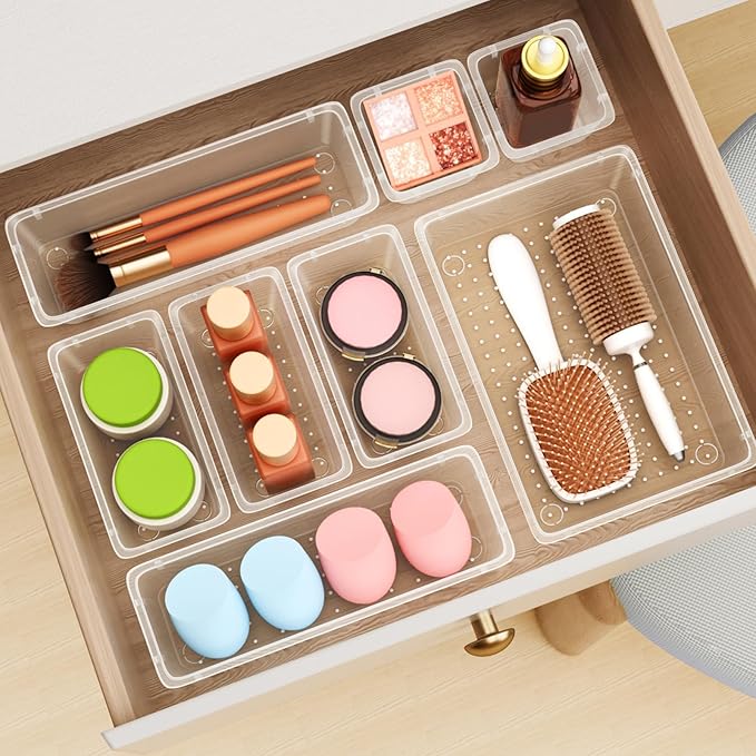 48 PCS Drawer Organizer Set, 4 Sizes Tool Storage Trays, Clear Plastic Makeup Vanity Organizer and Storage Bins for Makeup, Stationeries, Multiple Gadgets for Bathroom, Office, Bedroom