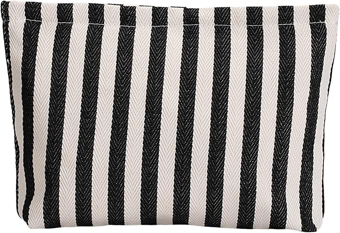 Large Black White Stripe Makeup Bag - Canvas Lined Cosmetic Toiletry Travel Pouch | Purse Organizer for Women & Girls