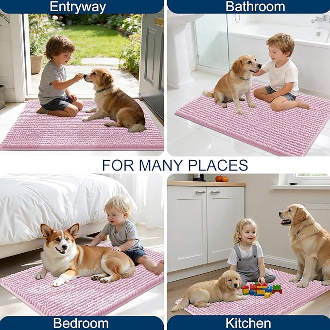 OLANLY Dog Door Mat for Muddy Paws 24x16, Ultra Absorbent Chenille Mud Doormat, Non-Slip Washable and Dirt Trapping Doormat for Indoor Entryway, Quick-Dry Indoor Pet Bed Mats for Dogs, Dusty Rose