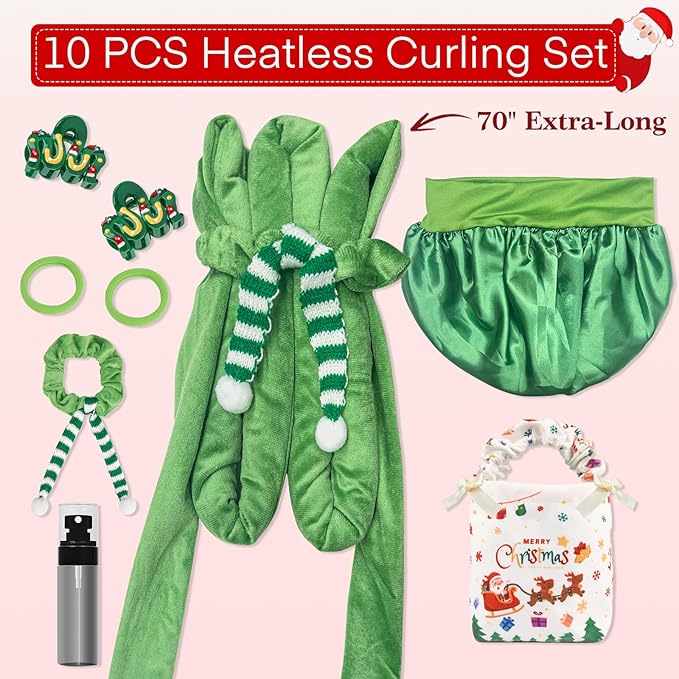 10 PCS Christmas Heatless Curls Overnight Hair Curler, 70" Overnight Curls Hair Curlers to Sleep In with Bonnet for Women Long Hair Volume, Heatless Curling DIY Set - Green