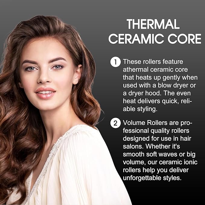 HYOUJIN 9pc Self-Grip Ceramic Ionic Thermal Hair Rollers,Hair Velcro Rollers for Salon Quality Hair Blowout Look for Long or Short Hair,Roller Set Perfect for Sleeping In(Black)(60mm,48mm,36mm)