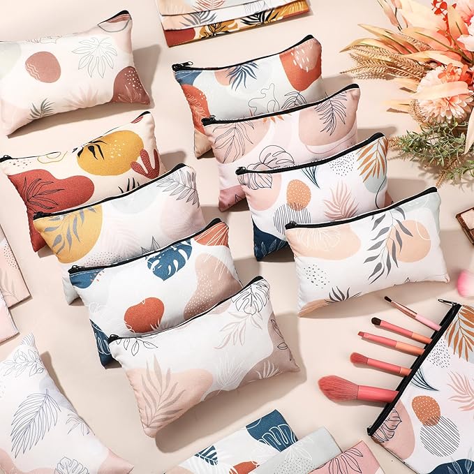 Reginary 20 Pieces Cosmetic Bag for Women, Roomy Makeup Bags with Zipper Toiletry Bag Pouch Travel Accessory Organizer Gifts, 7 x 4.3 Inches(Boho Leaf)