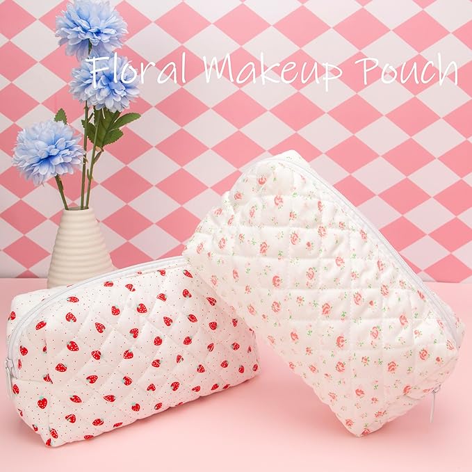 PAZIMIIK Vintage Quilted Makeup Bag Cosmetic Pouch for Brushes Pencils and Travel Make Up Accessories for Women and Girls Strawberry
