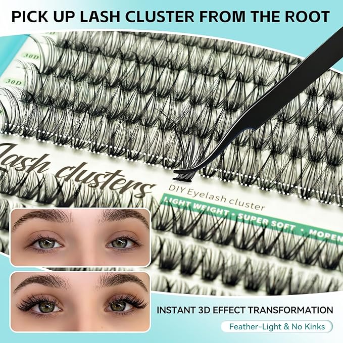 Wispy Lash Clusters Kit, D Curl Lashes Clusters Natural Look 9-16mm Individual Super Thin Band DIY Cluster Eyelash Extensions Kit with Bond Seal Tweezers Brush Remover (30D–100D Mix)