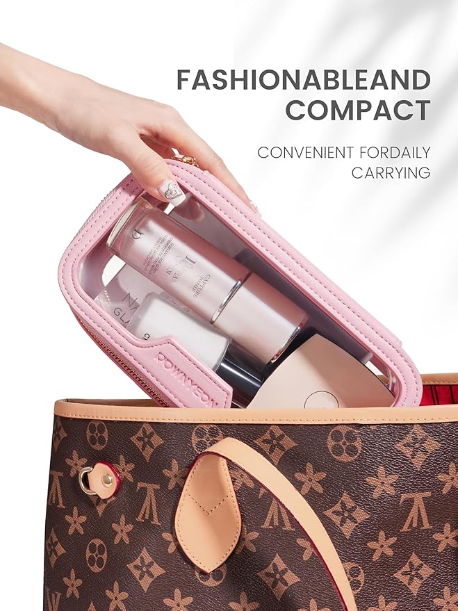 ROWNYEON Waterproof Toiletry Organizer Train Case, CLear Travel Makeup Bag for Women,Transparent Cosmetic Bag,Portable Makeup Case Organizer (pink)