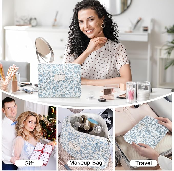 2PC Makeup Bag Set, Cute Cosmetic Bag for Women Girls, Floral Coquette Aesthetic Toiletry Bag, Travel Make Up Organizer Bag (Graffiti-Colored)