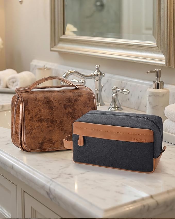 Elviros Hanging Travel Toiletry Bag Gift for Men,Mens Toiletries Bag Gifts Set Shaving Dopp Kit Water-resistant Bathroom Toiletries Organizer PU Leather Cosmetic Bags 2 Pack