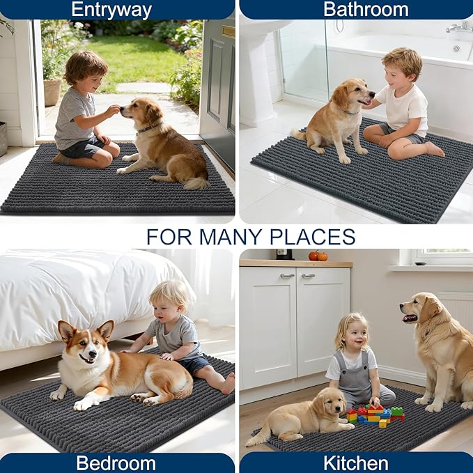 OLANLY Dog Door Mat for Muddy Paws 44x24, Ultra Absorbent Chenille Mud Doormat, Non-Slip Washable and Dirt Trapping Doormat for Indoor Entryway, Quick-Dry Indoor Pet Bed Mats for Dogs, Dark Grey