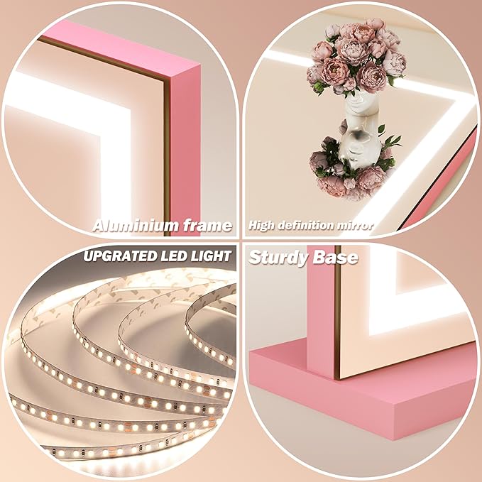 FENNIO 23" x 18" Vanity Mirror with Lights,LED Makeup Mirror,Hollywood Mirror with 3 Color Modes & Adjustable Brightness,Vanity Mirror Pink