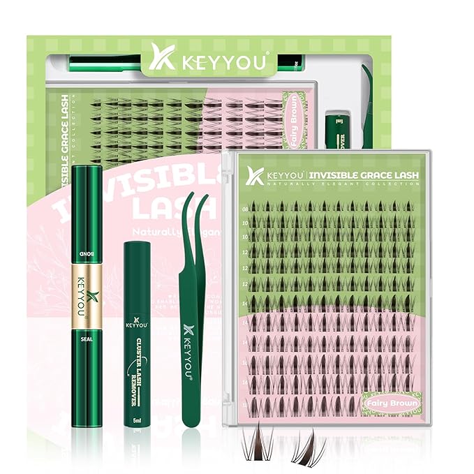 KEYYOU Fairy Brown Lash Clusters Kit Lash Extension Kit D Curl 144Pcs Eyelash Extension Kit Wispy Natural Invisible Band Lash Kit with Waterproof DIY Lash Extension Kit at Home