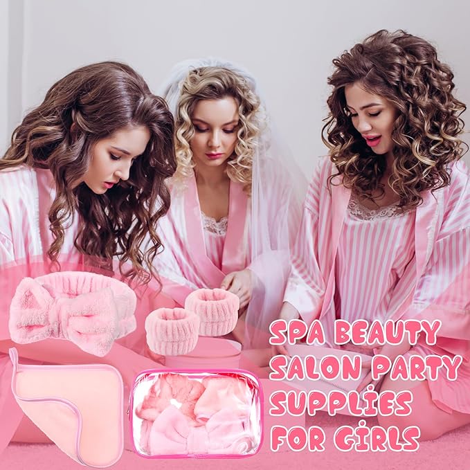 Hoteam 36 Pieces Galentines Spa Party Supplies for Girls Sleepover Party Supplies 6 Spa Headband 6 Wristband 6 Velvet Scrunchies 6 Makeup Remover Cloth 6 Clear Cosmetic Bags for Skincare