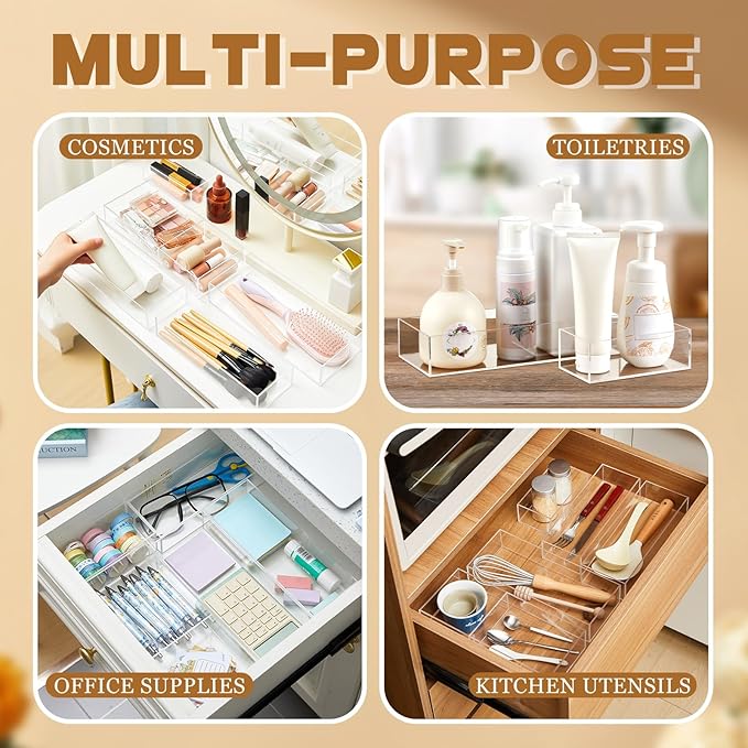Set of 5 Acrylic Desk Bathroom Organizer, Makeup Drawer Organizer Trays, Storage Bins for Stationery, Makeup, Jewelry, Gadgets for Kitchen, Office, Bedroom, Bathroom Gifts
