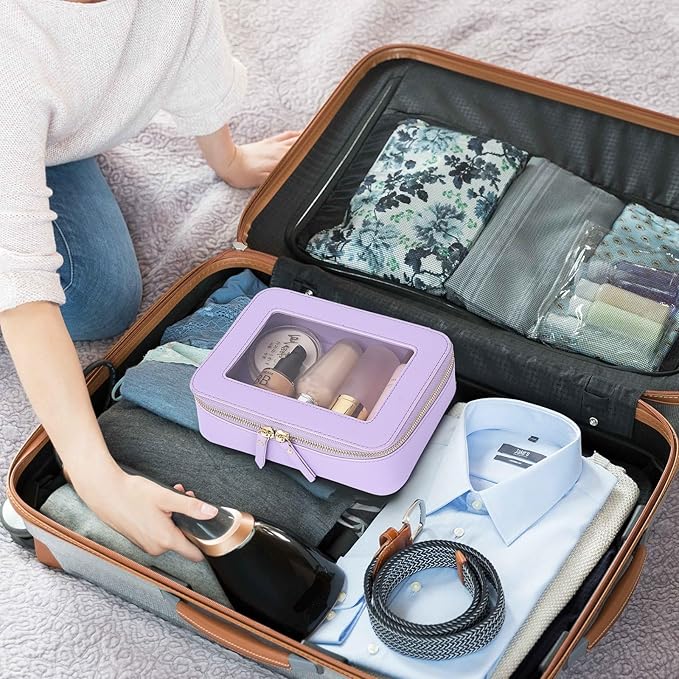 Clear Makeup Bag Women's Waterproof Travel Cosmetic Case and Toiletry Bag Portable Makeup Organizer Bag for Car with Zipper (Purple, M)