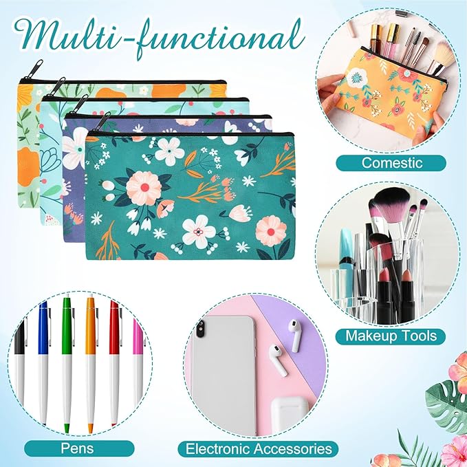 Reginary 20 Pcs Makeup Bags for Women Bulk Flower Canvas Cosmetic Bags with Zipper 7 x 4.3 Inches Floral Multicolor Travel Pouch Small Toiletry Organizer Gifts for Valentine's Day Friend Girlfriend