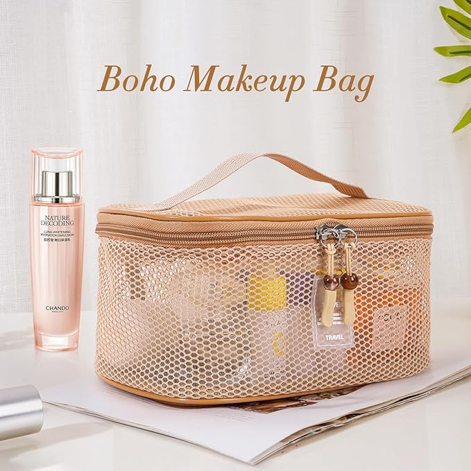 Boho Mesh Makeup Bag, Breathable Cosmetic Bags with Zipper, Travel Lightweight Make Up Organizer Mesh, Toiletry Bag with Handle for Women Girls Gift