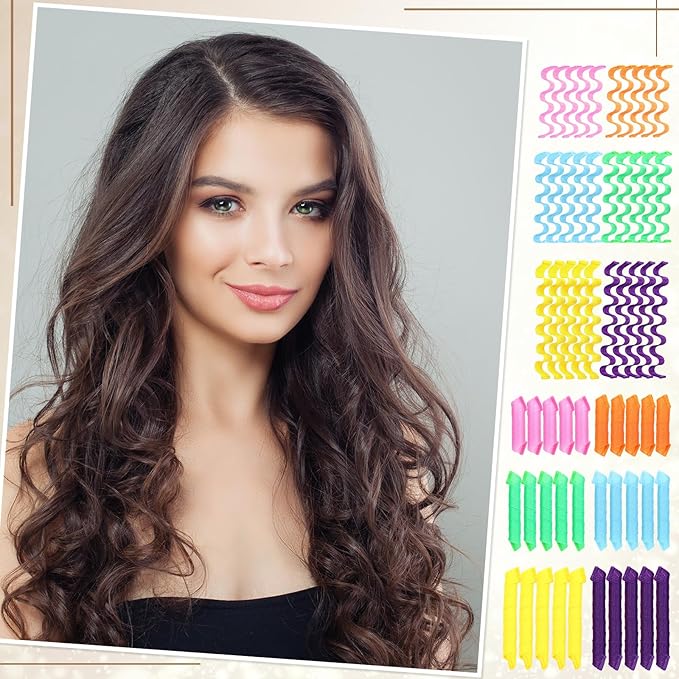 60 Pcs Heatless Wave Curlers No Heat Hair Curlers Rollers Spiral Styling Kit 2 Styles, 22'' 18'' 12'' Wave DIY Rollers for Women Short Long Hair with 2 Styling Hooks