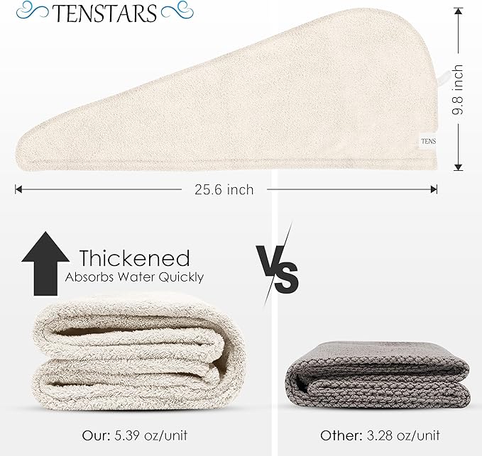 TENSTARS 5 Pack Thicken Microfiber Hair Towel Wrap for Women - Elastic Loop Design - 320GSM Coral Velvet - Quick Dry Hair Turban - 11x28 Inch (Cream)