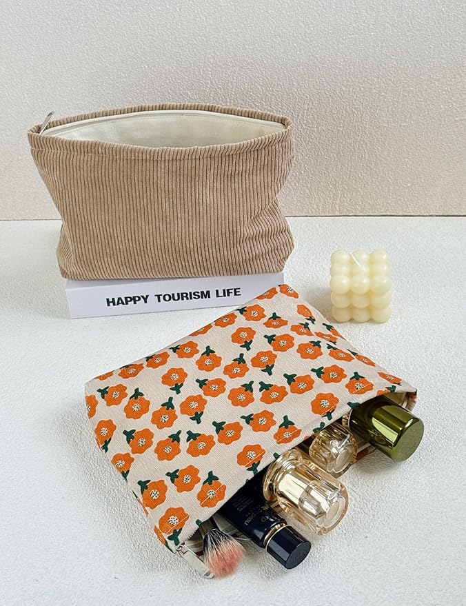 2 large makeup bags Women's Corduroy Canvas Makeup Bag, Travel Makeup Bag, Wallet Organizer, Khaki and Orange Flower Pattern