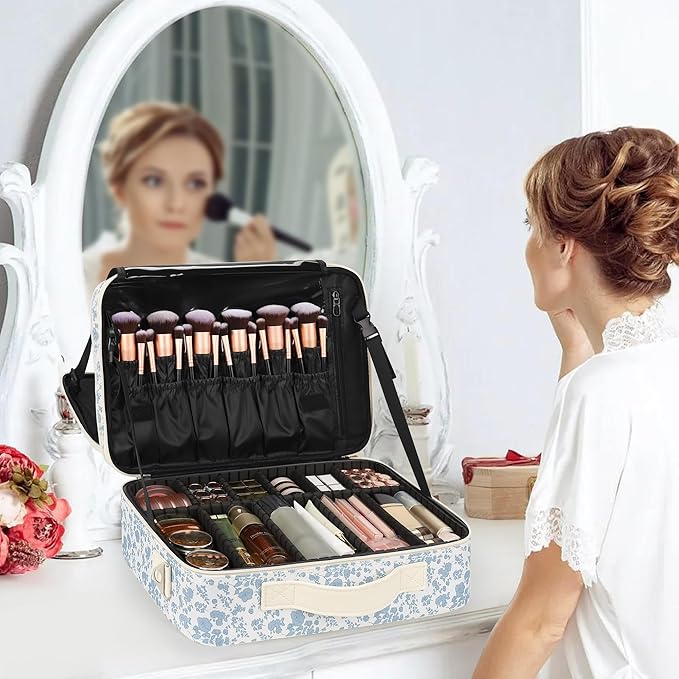 Relavel Large Makeup Bag, Floral Cosmetic Bag for Women, Professional Travel Train Case Portable Makeup Artist Bag Make Up Storage Organizer Box with Adjustable Dividers and Makeup Brush Compartment