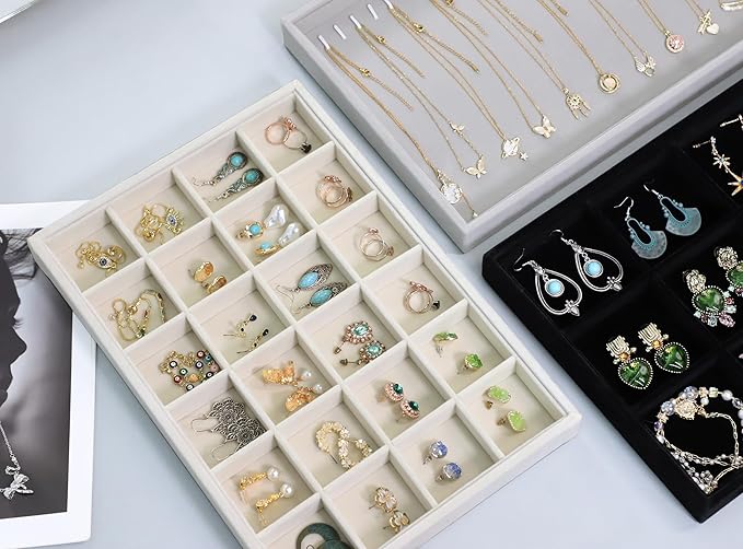 Wudygirl Jewelry Organizer Set of 4 Jewelry Box Velvet Jewelry Tray Jewelry Drawer Organizer Inserts Bracelet Necklace Organizer Ring Holder with Clear Lid for Women Girls Stackable (Beige)