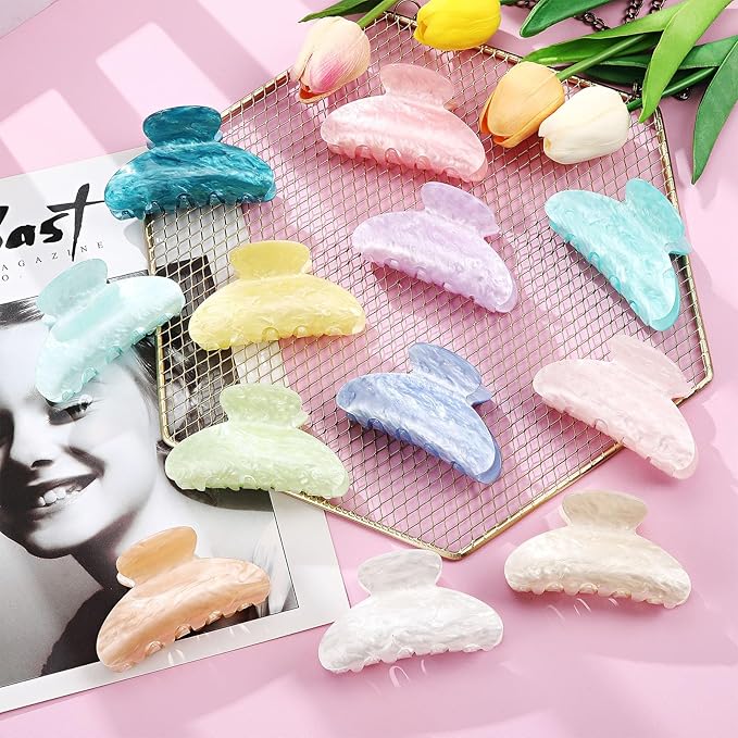 12 Pcs Large Acrylic Hair Claw Clips for Women Cute Non-slip Hold Jaw Clamps Bulk for Thick or Thin Hair French Barrettes Accessories