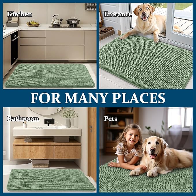 OLANLY Dog Door Mat for Muddy Paws 47x32, Absorbs Moisture and Dirt, Absorbent Non-Slip Washable Doormat, Quick Dry Chenille Mud Mat, Entry Indoor Entryway Carpet for Inside Floor, Olive Green