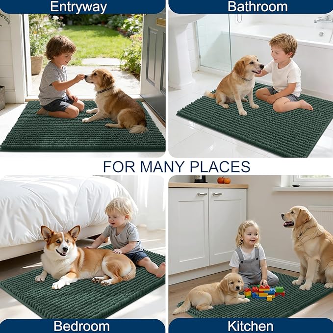 OLANLY Dog Door Mat for Muddy Paws 59x24, Ultra Absorbent Chenille Mud Doormat, Non-Slip Washable and Dirt Trapping Doormat for Indoor Entryway, Quick-Dry Indoor Pet Bed Mats for Dogs, Blackish Green