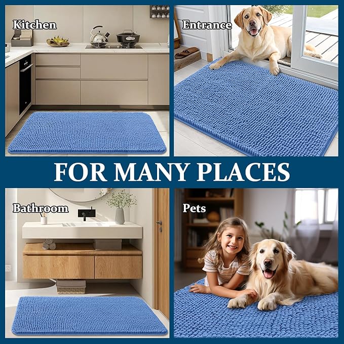 OLANLY Dog Door Mat for Muddy Paws 50x30, Absorbs Moisture and Dirt, Absorbent Non-Slip Washable Doormat, Quick Dry Chenille Mud Mat, Entry Indoor Entryway Carpet for Inside Floor, Cornflower Blue