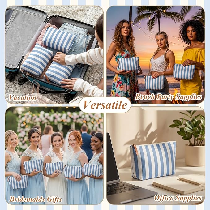 Hillban 12 Pcs Blue Striped Makeup Bags Bulk Canvas Cosmetic Bag Beach Themed Gifts Travel Toiletry Organizer Zipper Pouch Bags for Women Bridemaids Party Favors
