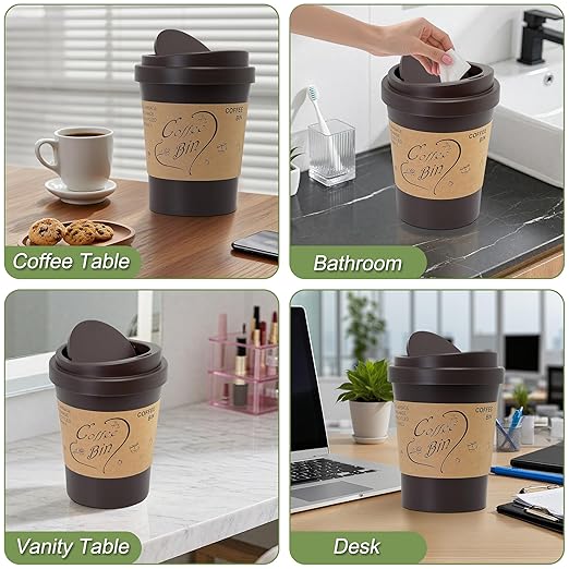 Soddeph Plastic Mini Trash Can with Swing-Top Lid, 0.9 Gallon Desktop Waste Bin for Coffee Table, Office, Small Countertop Wastebasket for Counter, Vanit (Coffee, Small)
