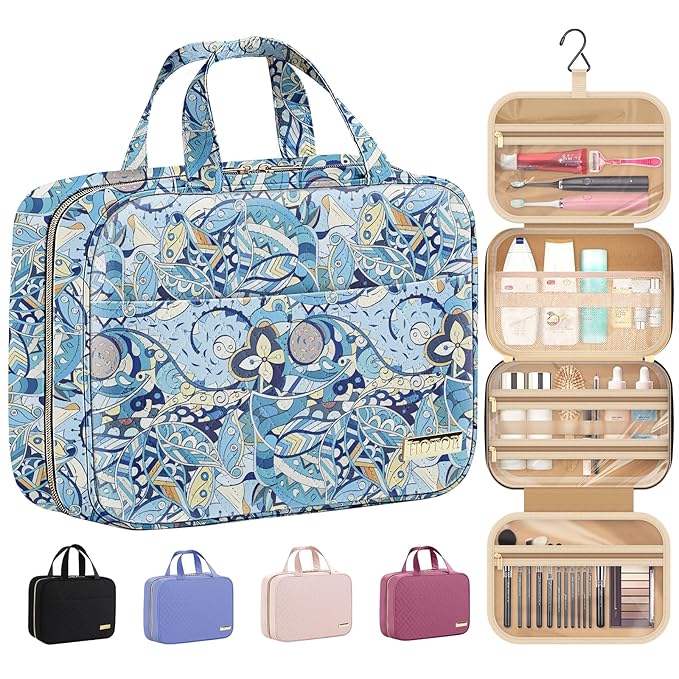 HOTOR Travel Toiletry Bag - Hanging Toiletry Bag for Women & Men, Makeup Bag/Big Comparment, Waterproof for Travel Accessories, Travel Essentials, Medium, Blue Paisley