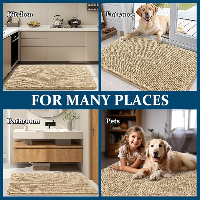 OLANLY Dog Door Mat for Muddy Paws 44x32, Absorbs Moisture and Dirt, Absorbent Non-Slip Washable Doormat, Quick Dry Chenille Mud Mat for Dogs, Entry Indoor Entryway Carpet for Inside Floor, Beige