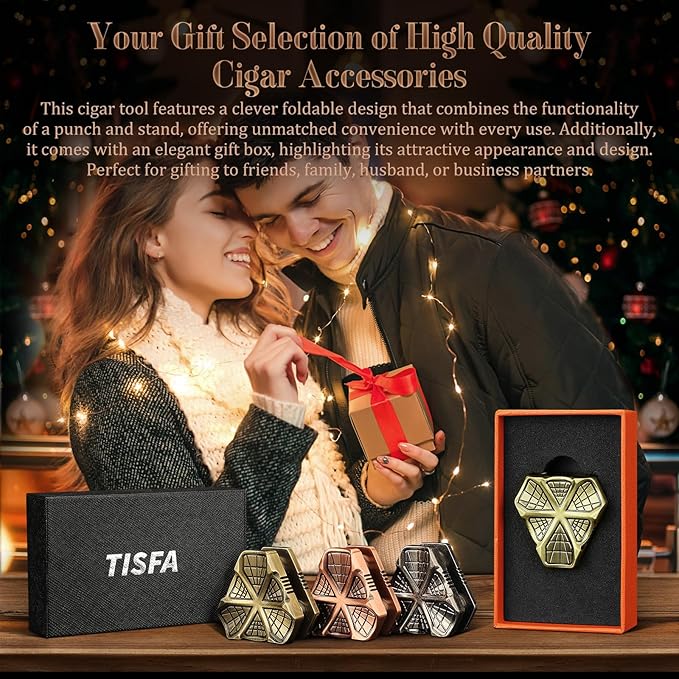 TISFA Cigar Punch Tool, Cigar Punch Cutter with Cigar Holder 2 in 1, Foldable 3 Sizes Cigar Hole Punch and 3 Cigar Stand Cigar Kit, Multifunctional Stainless Steel Puncher with Gift Box (Bronze)
