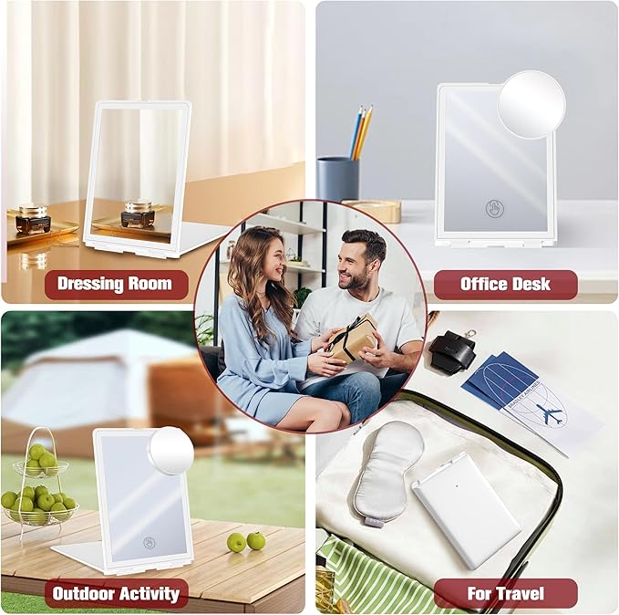 Travel Makeup Mirror with Lights Valentines Day Gifts for Her, Girlfriend, Wife, Birthday Gifts Rechargeable Portable Folding Compact LED Mirror Set with Tweezer 3 Color Light Modes