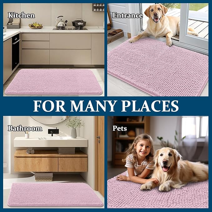 OLANLY Dog Door Mat for Muddy Paws 44x24, Absorbs Moisture and Dirt, Absorbent Non-Slip Washable Doormat, Quick Dry Chenille Mud Mat for Dogs, Entry Indoor Entryway Carpet for Inside Floor, Dusty Rose