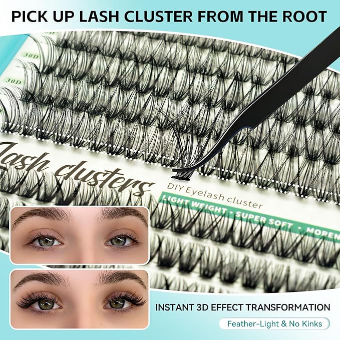 Wispy Lash Clusters Kit, D Curl Lashes Clusters Natural Look 9-16mm Individual Super Thin Band DIY Cluster Eyelash Extensions Kit with Bond Seal Tweezers Brush Remover (30D 40D 50D Mix)