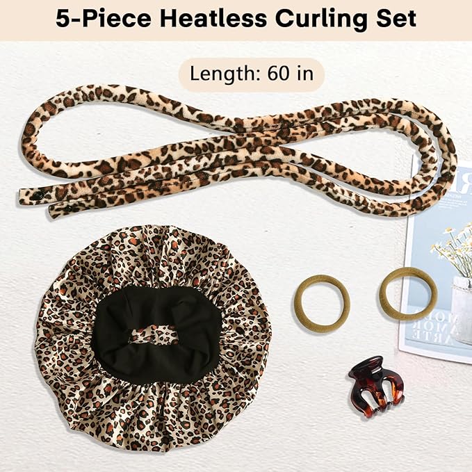 Velvet Heatless Curls Overnight Hair Curlers to Sleep In, Overnight Curls Thin Heatless Hair Curler - No Heat Curlers for Long Hair Volume, Heatless Curling Set with Bonnet - Leopard Print