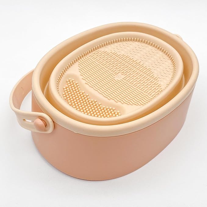 Foldable silicone makeup brush cleaning bowl, makeup tool cleaning bowl, makeup brush cleaning tool storage and drying rack(purple) (khaki)