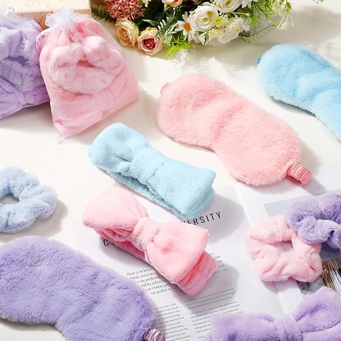 Mimorou 48 Pieces Galentine Spa Party Supplies 12 Spa Headband 12 Plush Sleep Eye Mask 12 Velvet Scrunchies 12 Organza Bags for Sleepover Slumber Party Favors Valentine Gift(Pink,Blue,Purple)