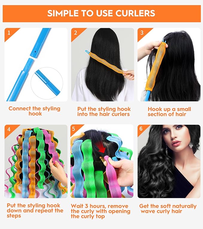 42 Pieces Heatless Waves Hair Curler, No Heat Damage Wavy Hair Curlers with 2 Sets of Styling Hooks, Heatless Curls for Women Girls Long Hair(4 Colors,55cm/ 21.65")