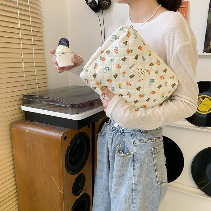 VIWIME Makeup Cosmetic Bag, Large Cotton Quilted Travel Coquette Aesthetic Cute Floral Make up Bag for Women Toiletry Bag Organizer (103- Bear/2Pcs)