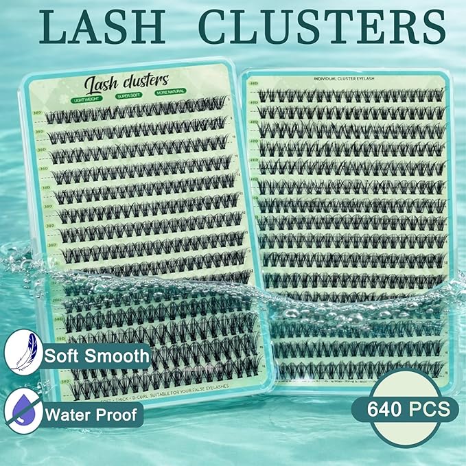 Wispy Lash Clusters 640pcs Eyelash Cluster Extensions 40D+50D Curl Individual False Eyelashes 9-16mm Natural Fluffy Mink Lash Clusters Extension Kit