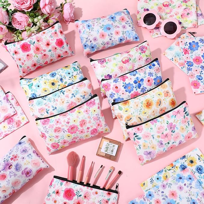 Reginary 20 Pieces Cosmetic Bag for Women, Roomy Makeup Bags with Zipper Toiletry Bag Pouch Travel Accessory Organizer Gifts, 7 x 4.3 Inches(Watercolor Flowers)