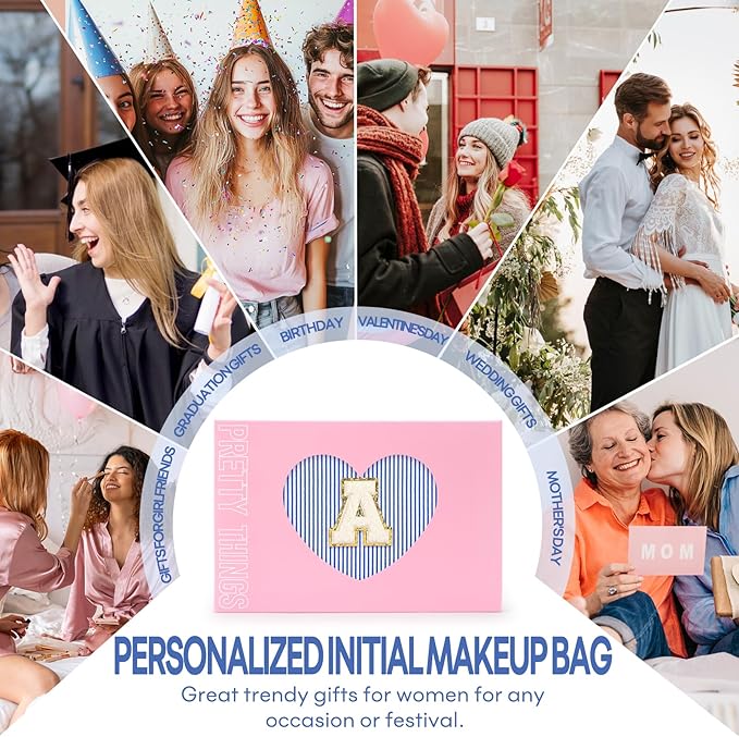 2 PCS Initial Makeup Bags for Women: Cosmetic Bag for Travel Toiletry - Birthday Gifts for 11 12 13 14 15 16 17 18 Years Old Girl Graduation Teacher Gift- Teen Girl Gifts Trendy Stuff - Blue L